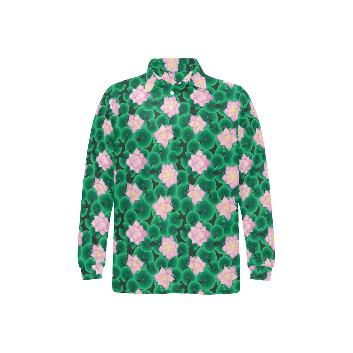 Water Lily Print Design LKS303 Long Sleeve Polo Shirt For Men's