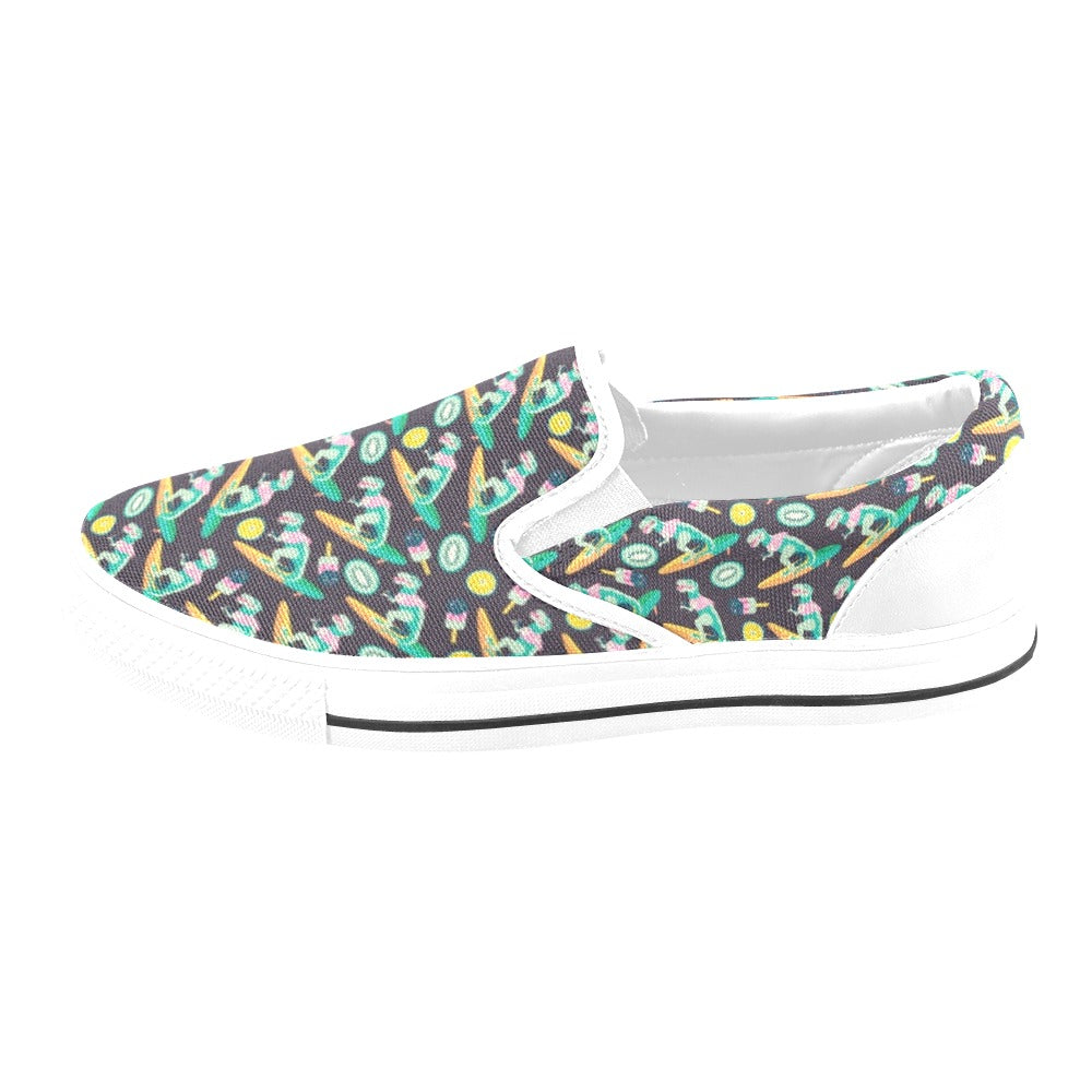 Surfboard T Rex Print Design LKS301 White Slip Ons Canvas Women's Shoes