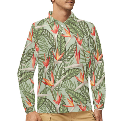 Bird Of Paradise Pattern Print Design BOP08 Long Sleeve Polo Shirt For Men's