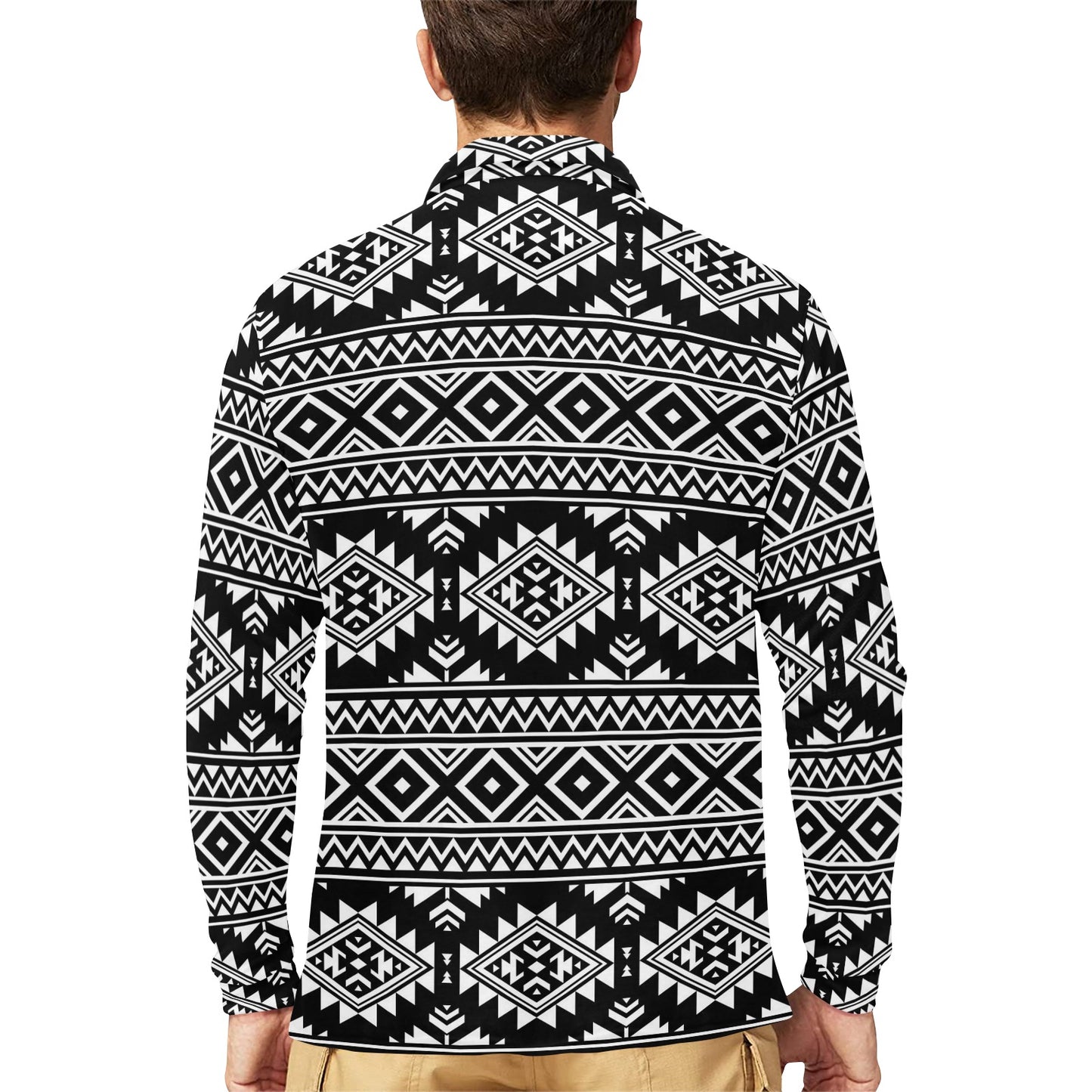 Aztec Black White Print Pattern Long Sleeve Polo Shirt For Men's
