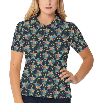 Sea Turtle Colorful with bubble Print Women's Polo Shirt