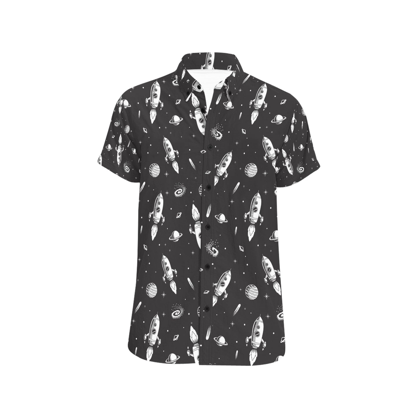 Space Rocket Print Design LKS303 Men Short Sleeve Button Up Shirt