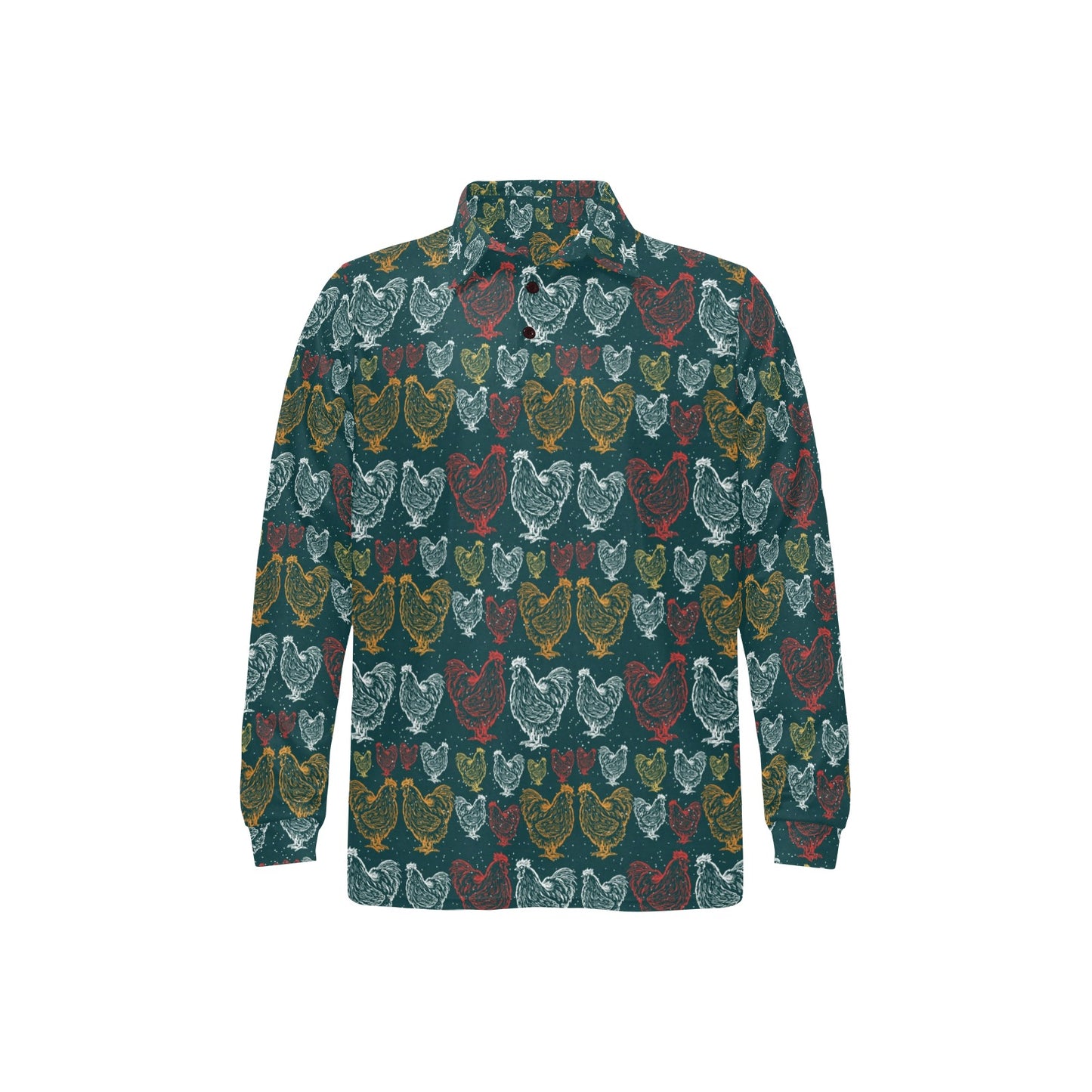Rooster Hand Draw Design Long Sleeve Polo Shirt For Men's