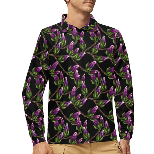 Magnolia Pattern Print Design MAG010 Long Sleeve Polo Shirt For Men's