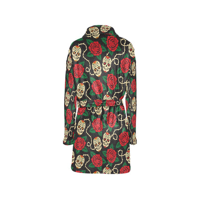 Sugar Skull Red Rose Print Design LKS301 Women's Fleece Robe