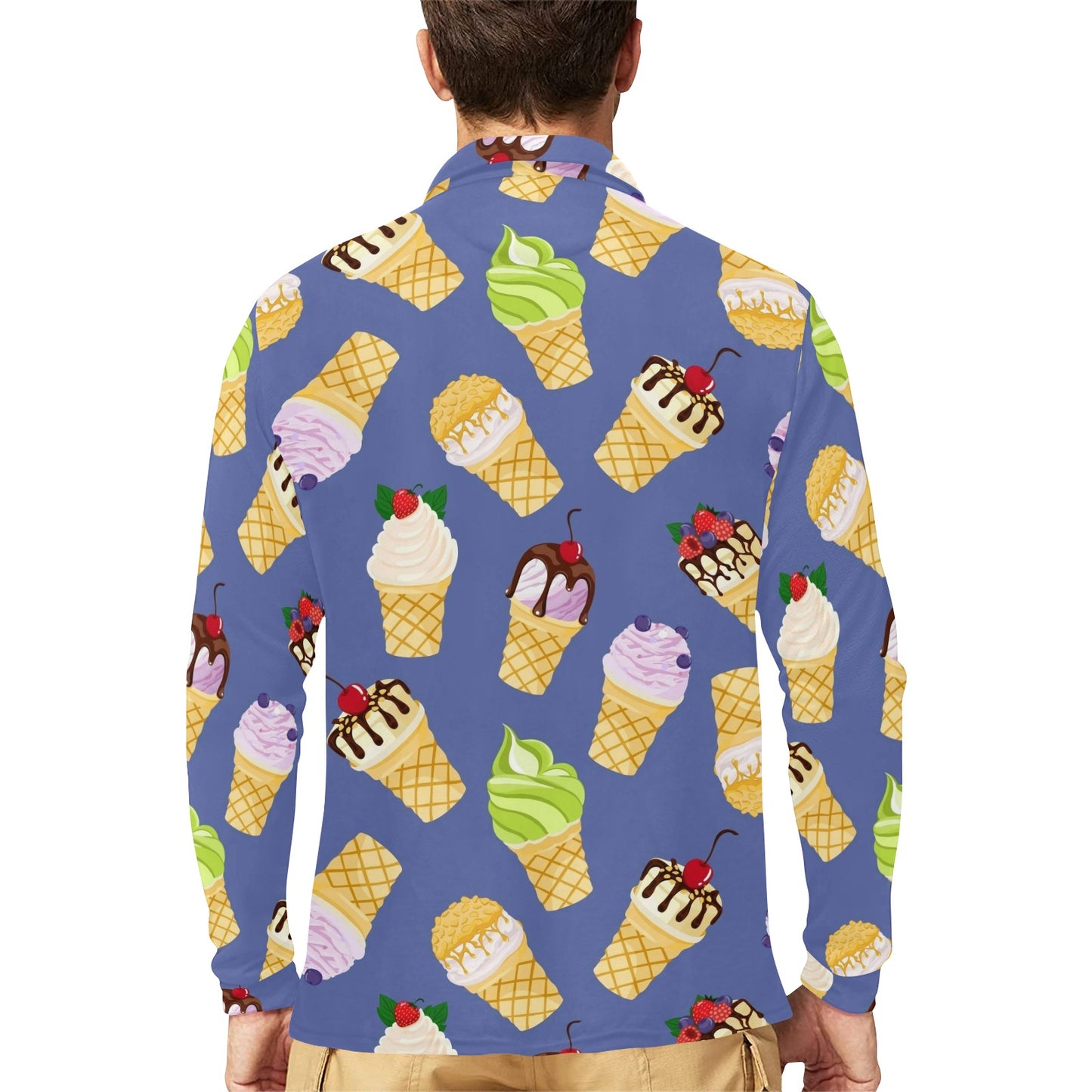 Ice Cream Pattern Print Design IC03 Long Sleeve Polo Shirt For Men's