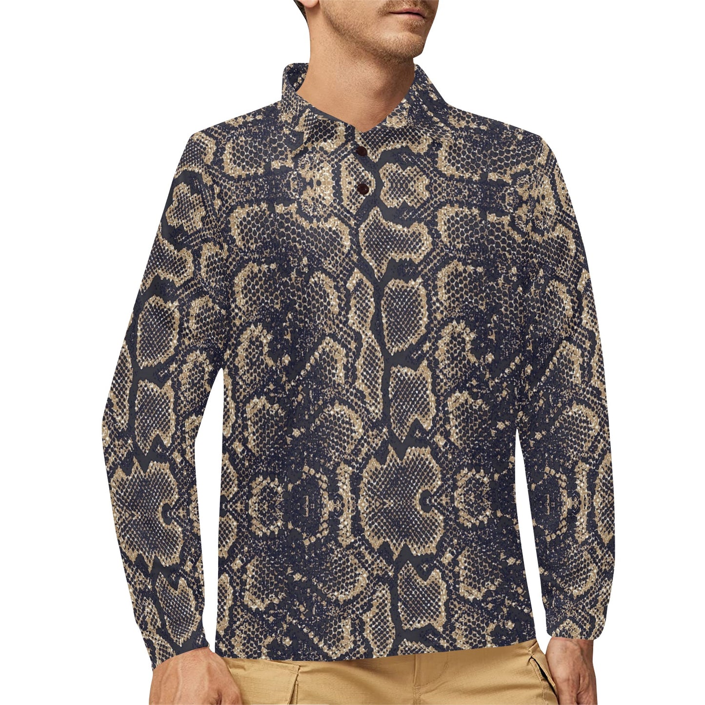 Snake Skin Pattern Print Long Sleeve Polo Shirt For Men's