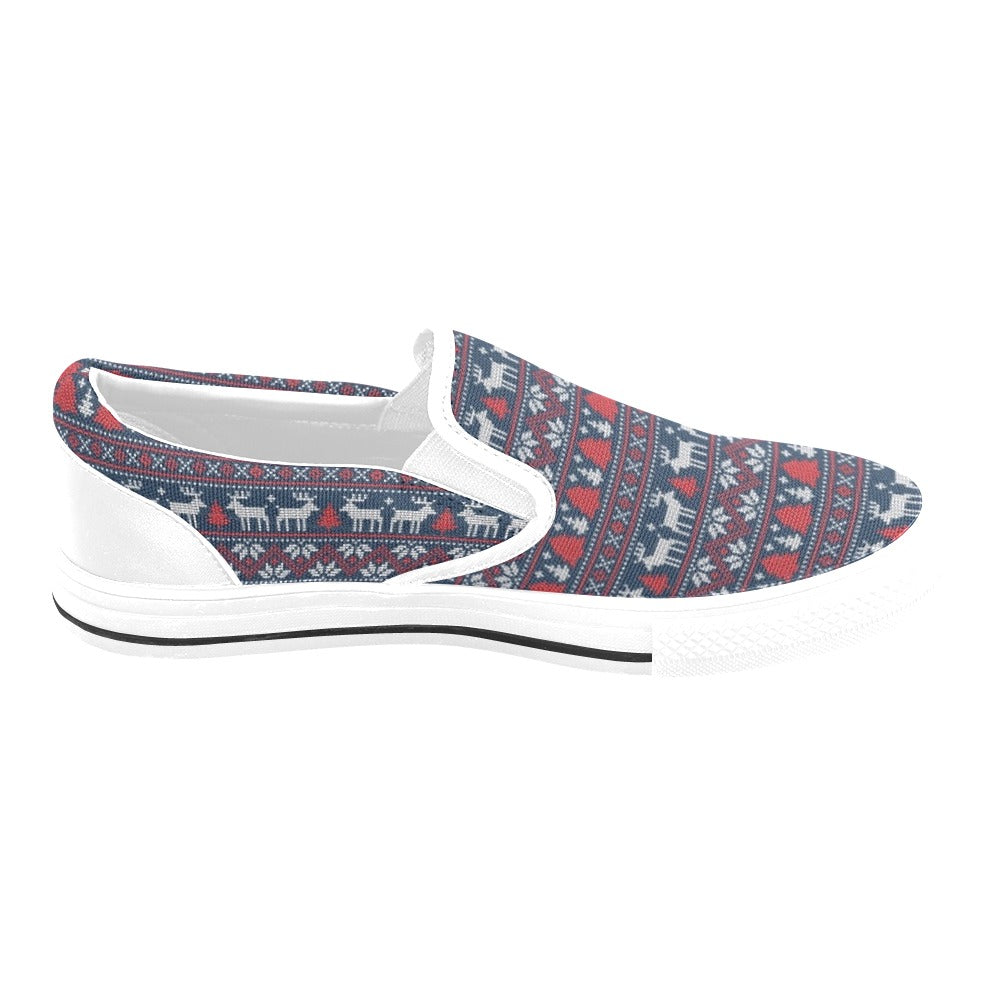 Reindeer Print Design LKS405 White Slip Ons Canvas Women's Shoes