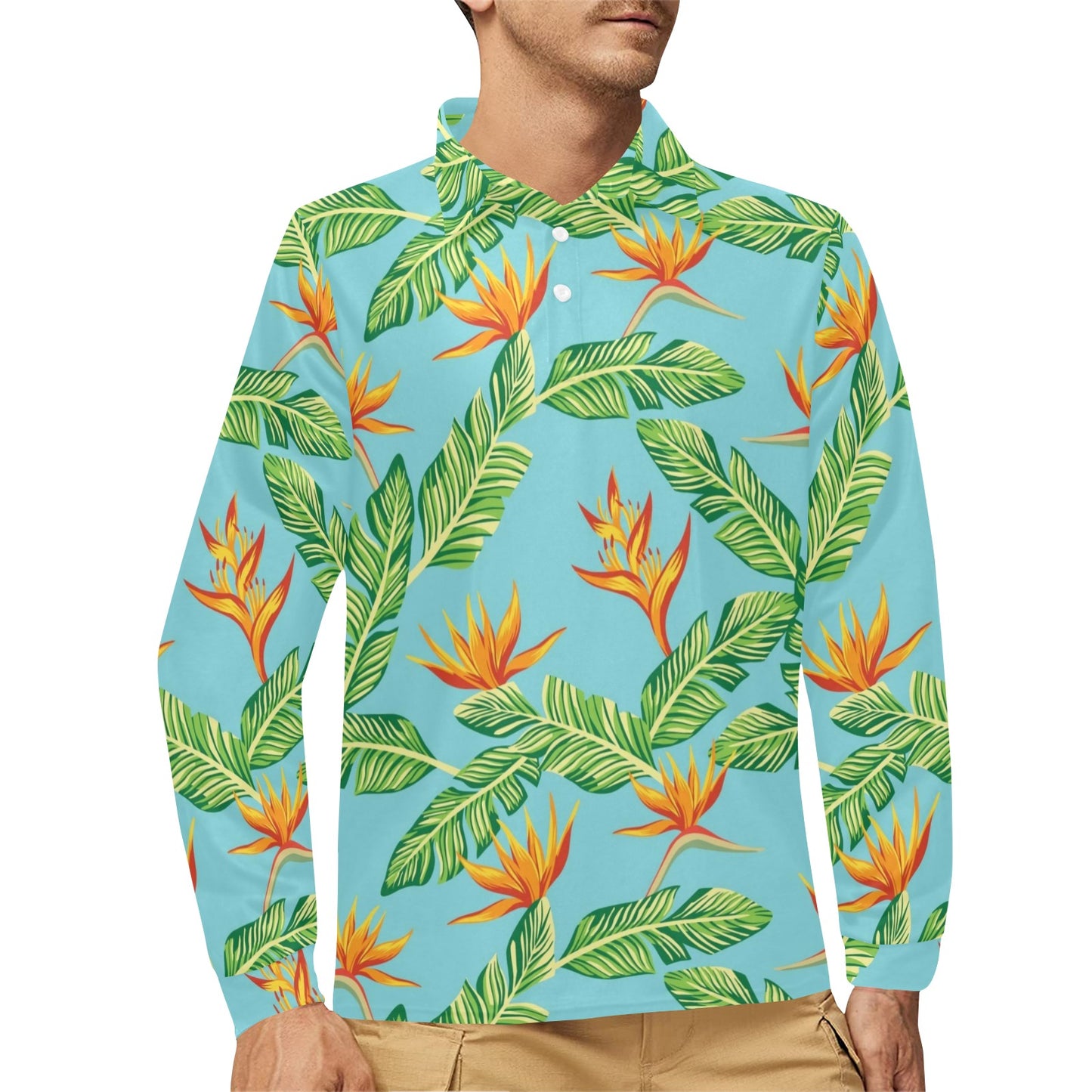 Bird Of Paradise Pattern Print Design BOP04 Long Sleeve Polo Shirt For Men's