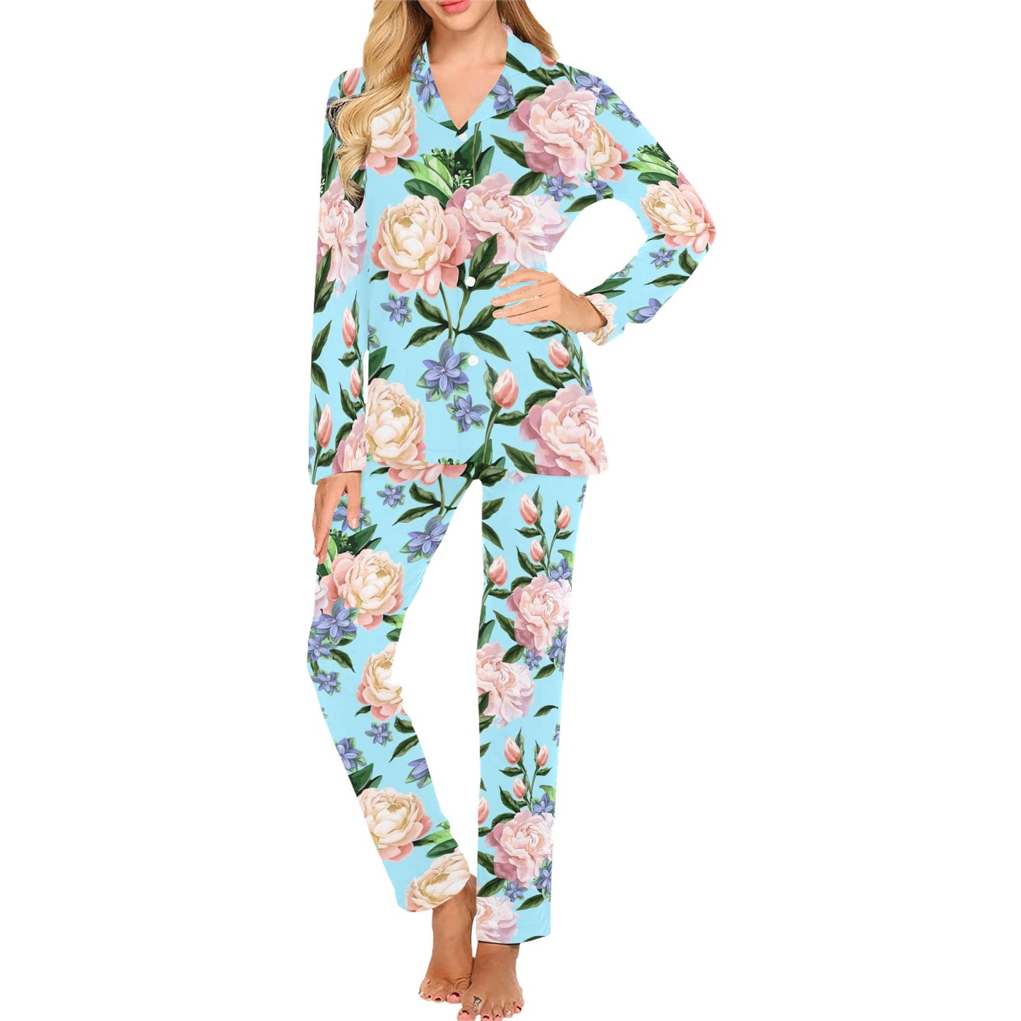 Peony Pattern Print Design PE02 Women's Long Pajama Set