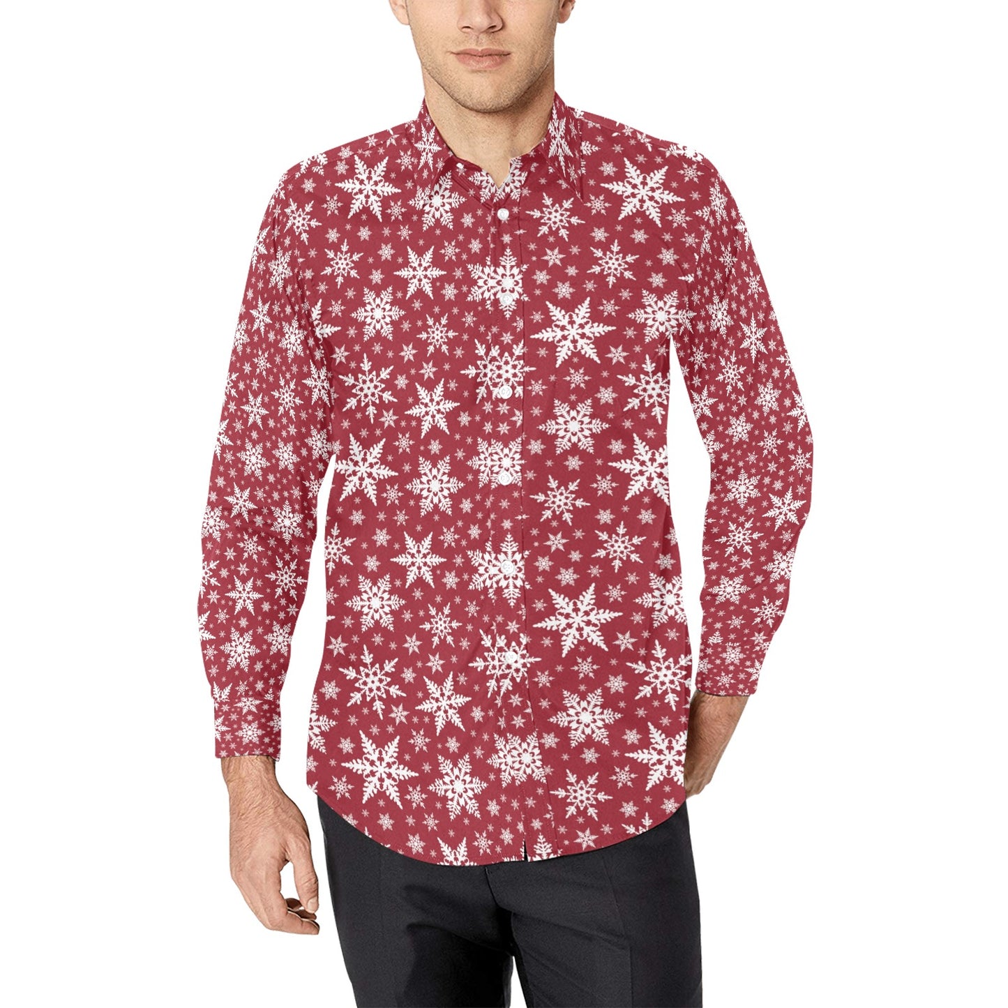 Snowflake Red Print Design LKS302 Men's Long Sleeve Dress Shirt