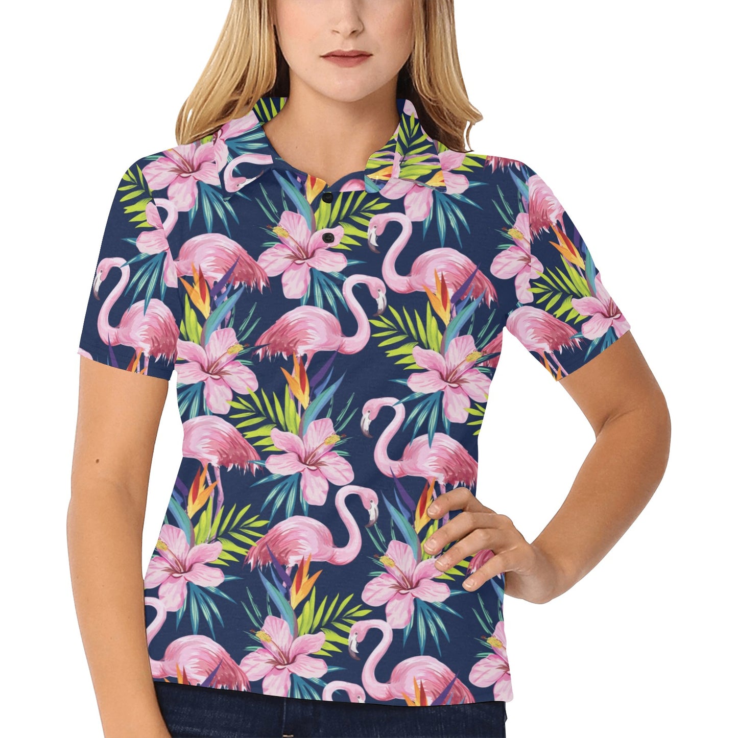 Flamingo Hibiscus Print Women's Polo Shirt