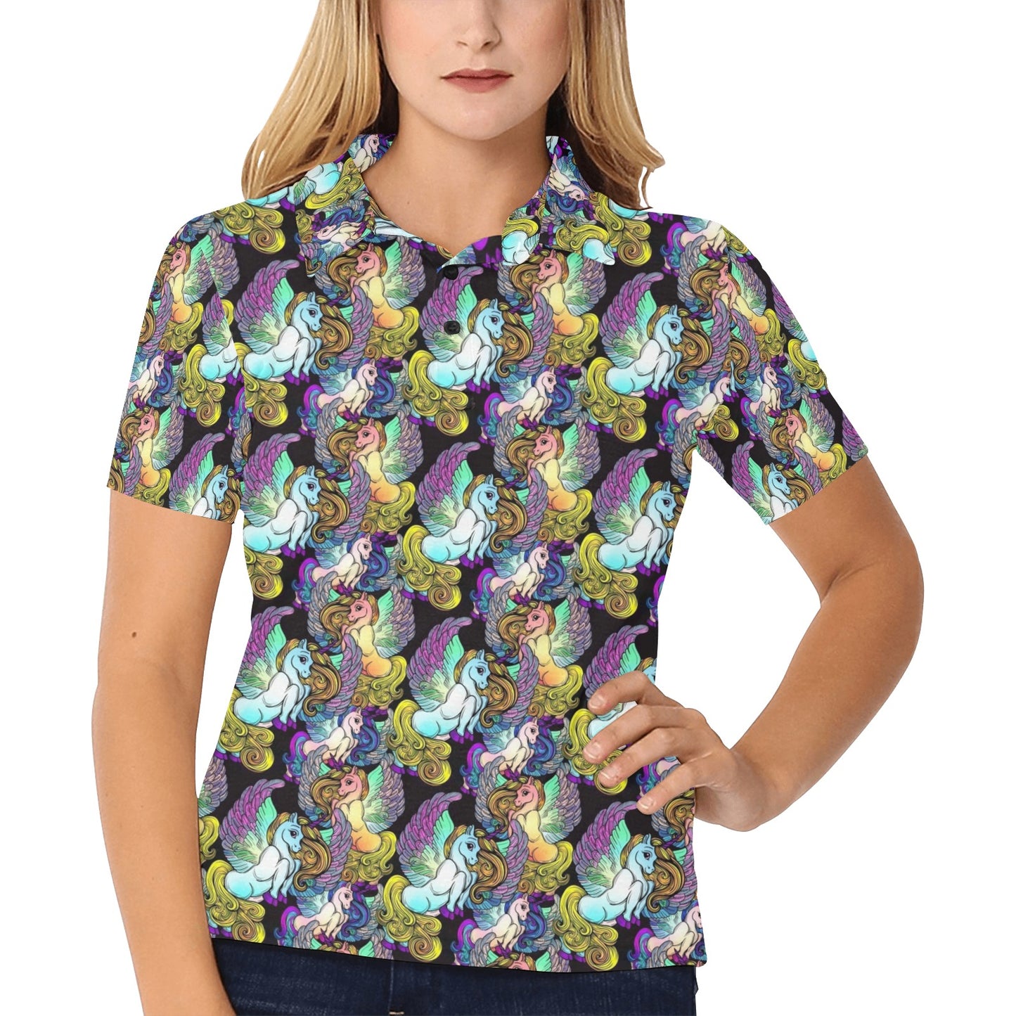 Unicorn With Wings Print Pattern Women's Polo Shirt