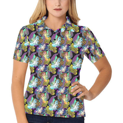 Unicorn With Wings Print Pattern Women's Polo Shirt