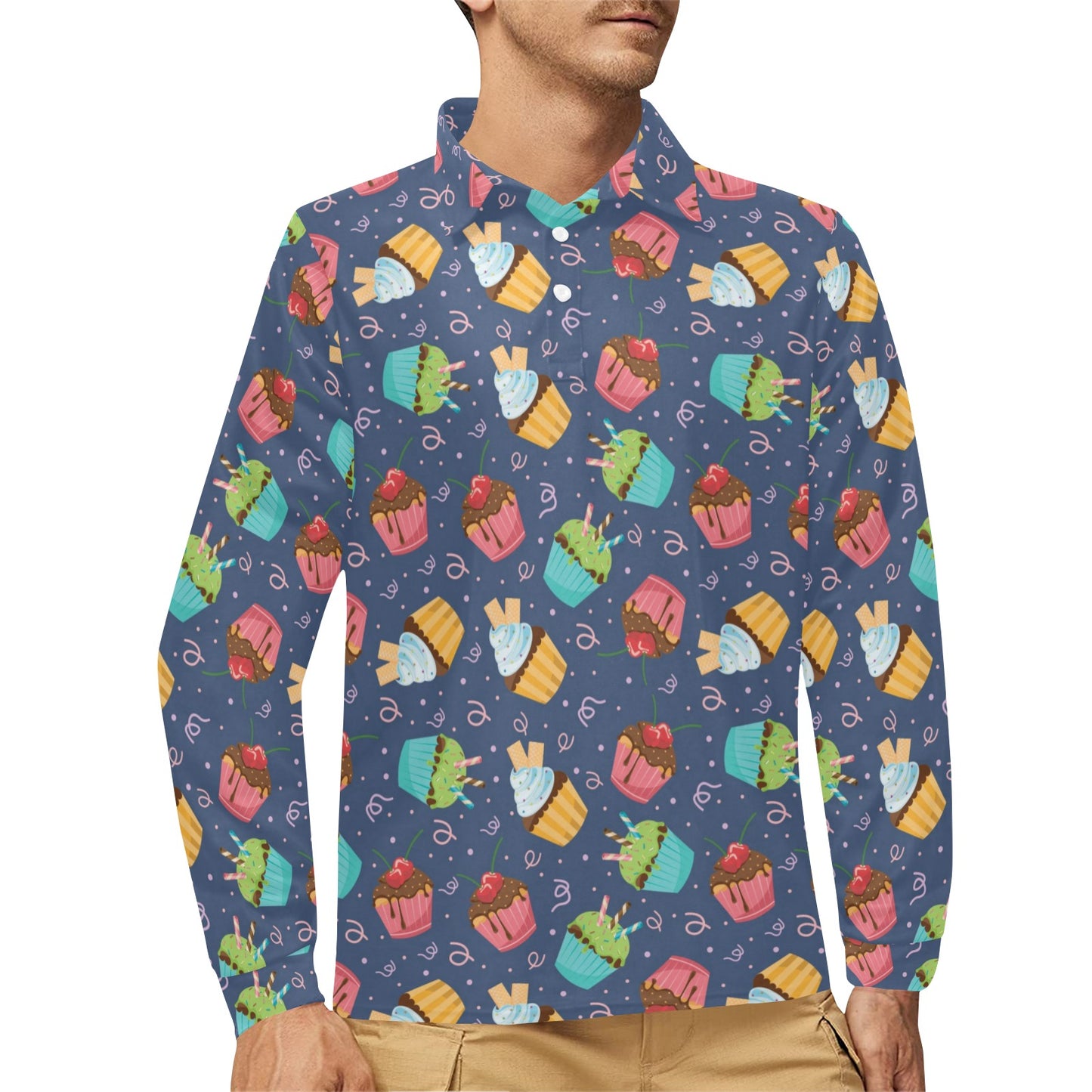 Cupcake Pattern Print Design 02 Long Sleeve Polo Shirt For Men's