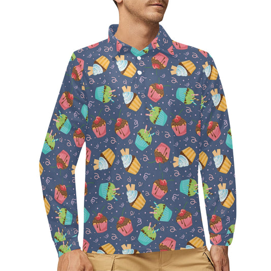 Cupcake Pattern Print Design 02 Long Sleeve Polo Shirt For Men's