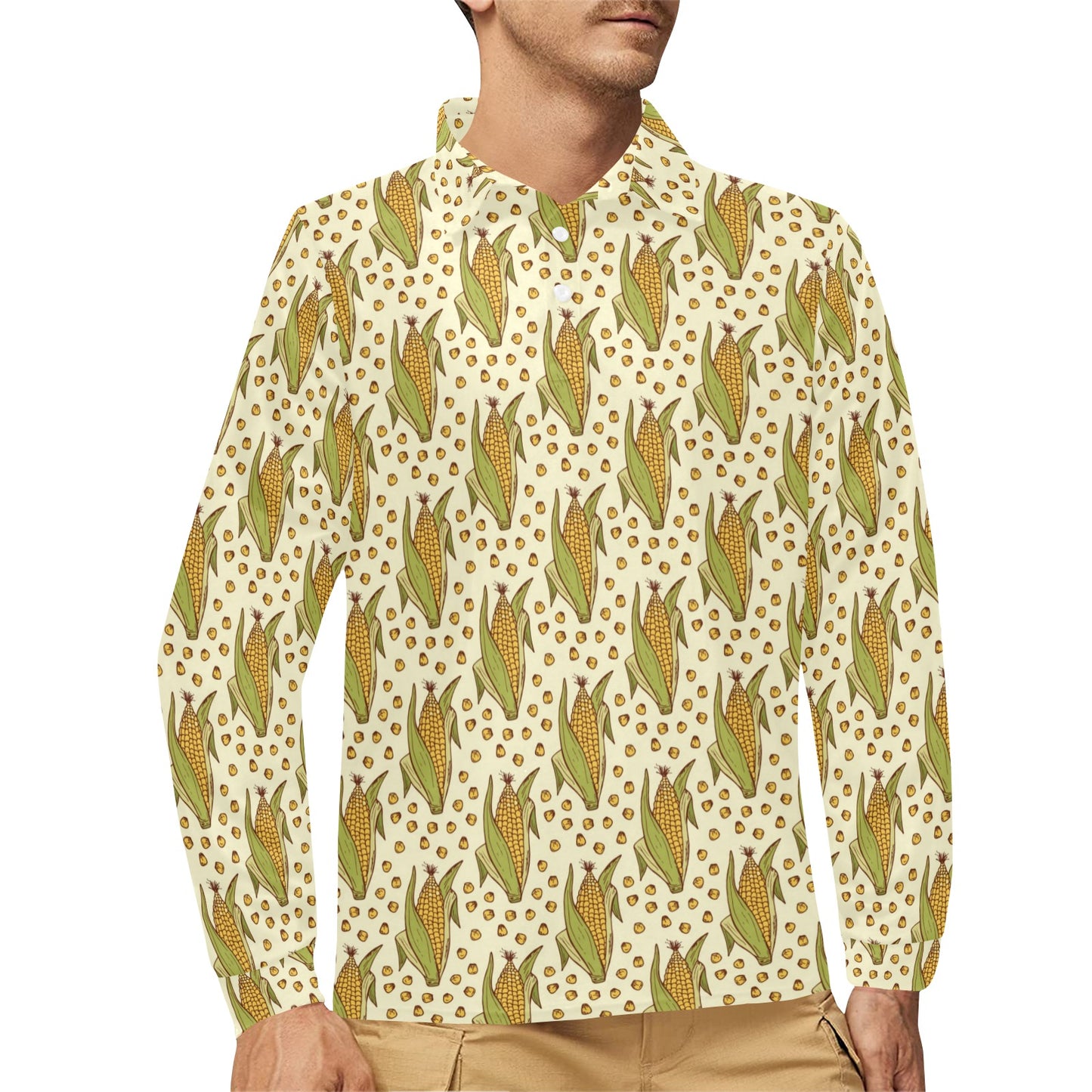 Corn Pattern Print Design 01 Long Sleeve Polo Shirt For Men's