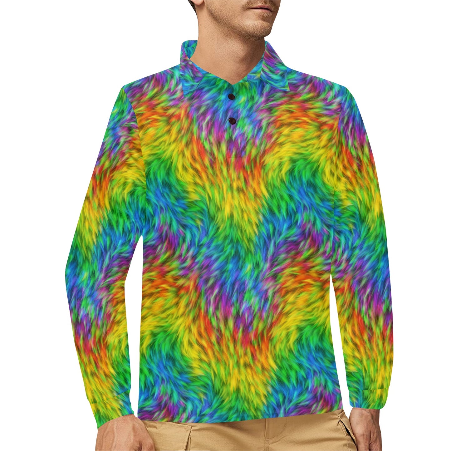 Rainbow Fur Design Print Long Sleeve Polo Shirt For Men's
