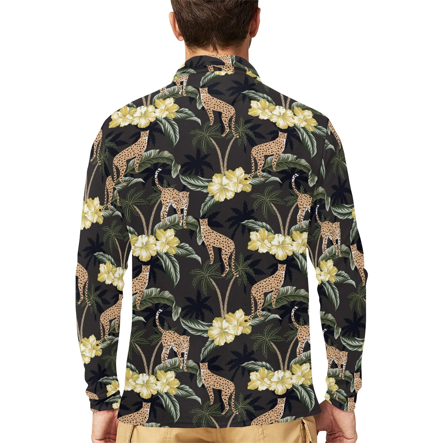 Cheetah Pattern Print Design 04 Long Sleeve Polo Shirt For Men's
