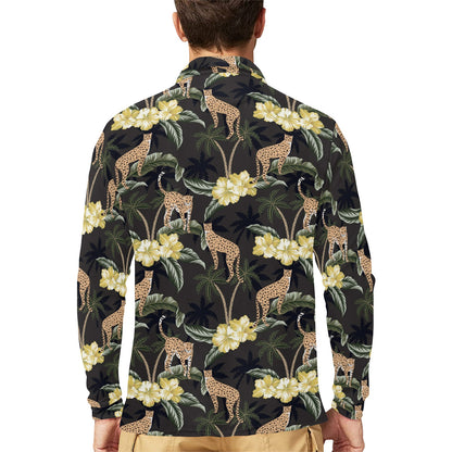Cheetah Pattern Print Design 04 Long Sleeve Polo Shirt For Men's