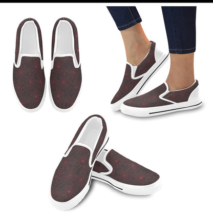 Spider Web Red Print Design LKS302 White Slip Ons Canvas Women's Shoes