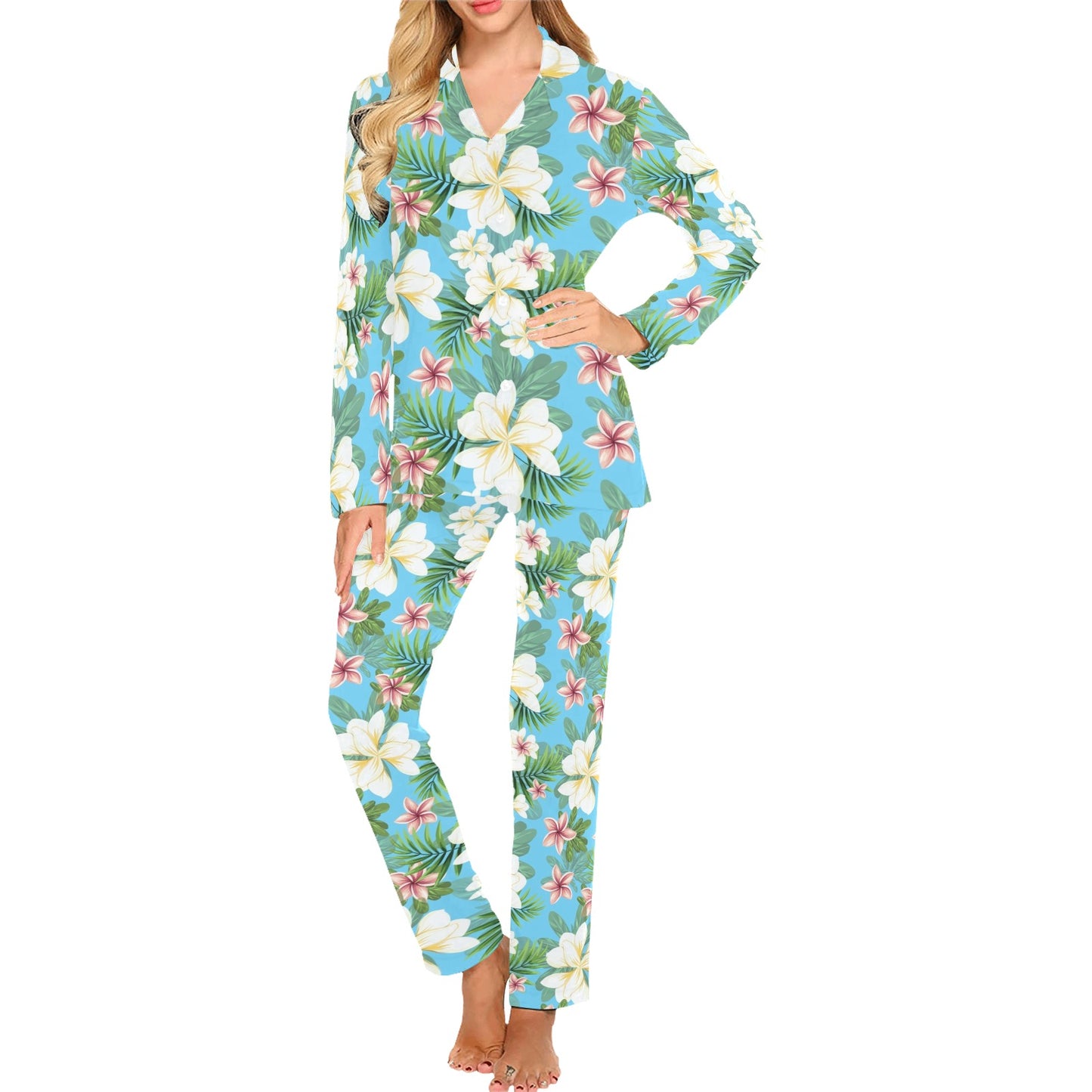 Plumeria Pattern Print Design PM028 Women's Long Pajama Set
