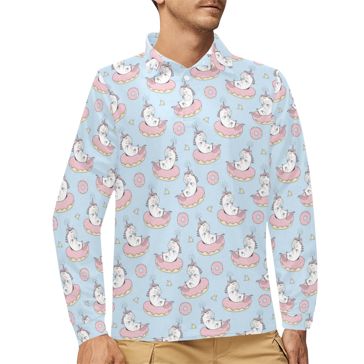 Unicorn Print Design LKS303 Long Sleeve Polo Shirt For Men's