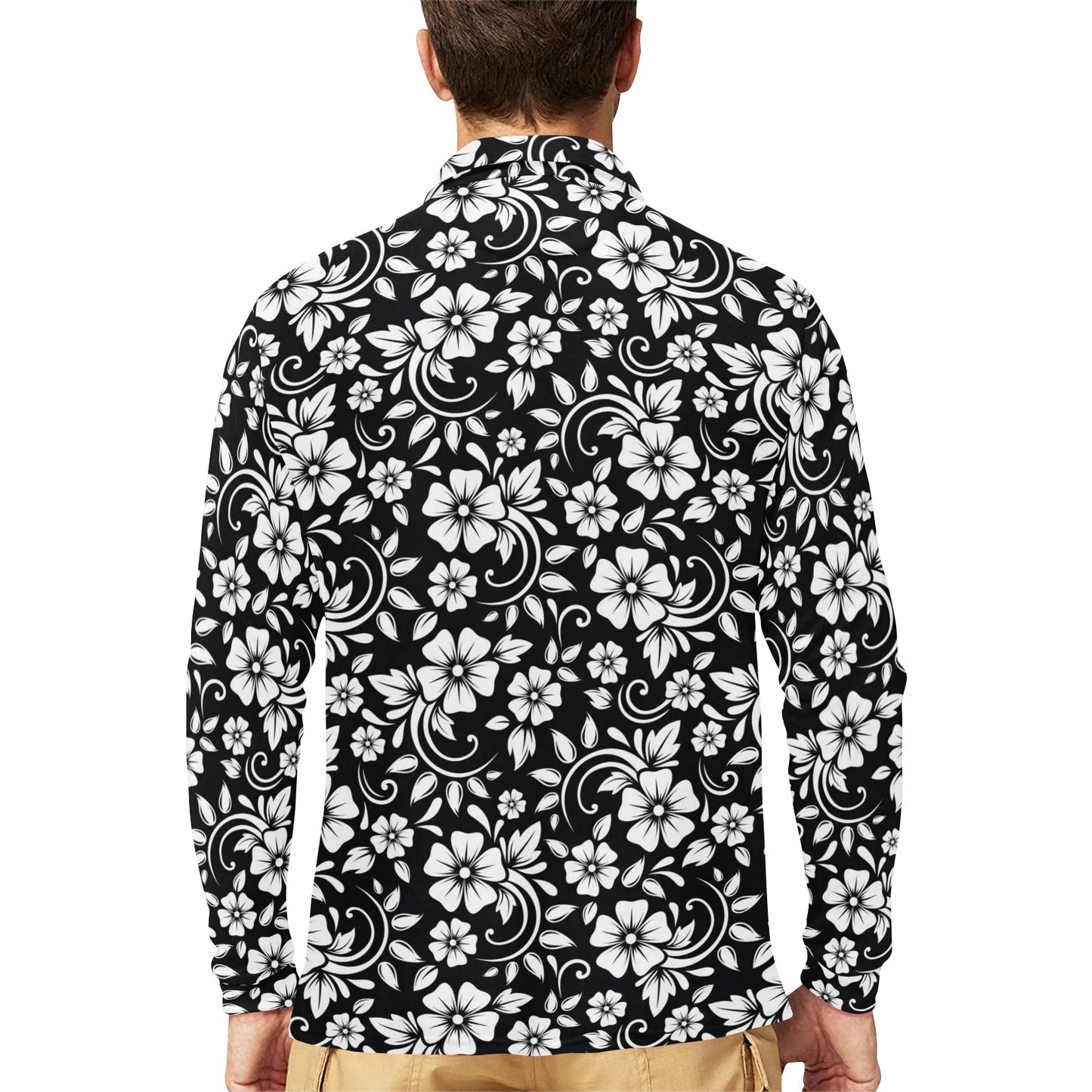 Floral Black White Themed Print Long Sleeve Polo Shirt For Men's