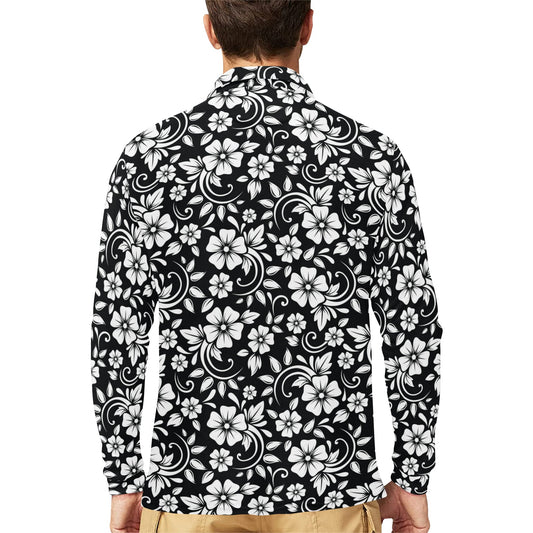 Floral Black White Themed Print Long Sleeve Polo Shirt For Men's