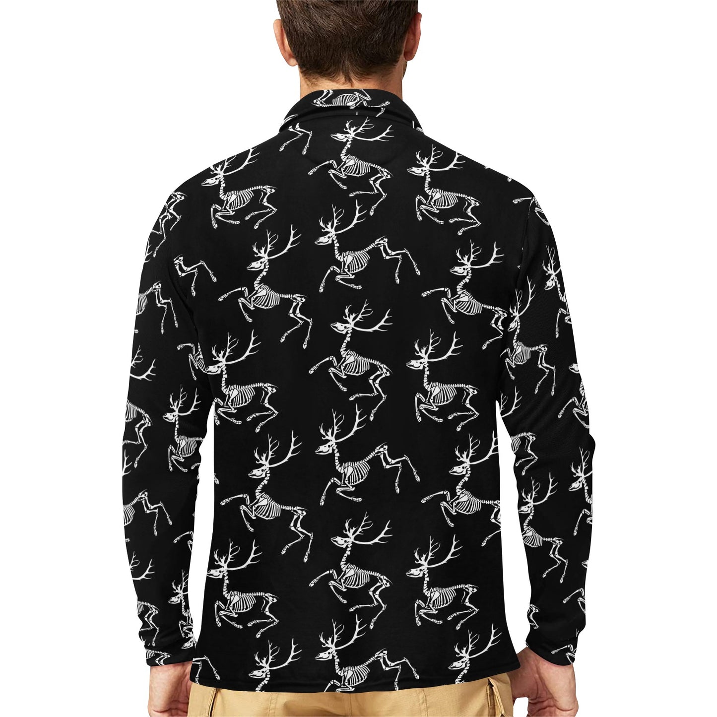 Deer Skeleton Print Pattern Long Sleeve Polo Shirt For Men's