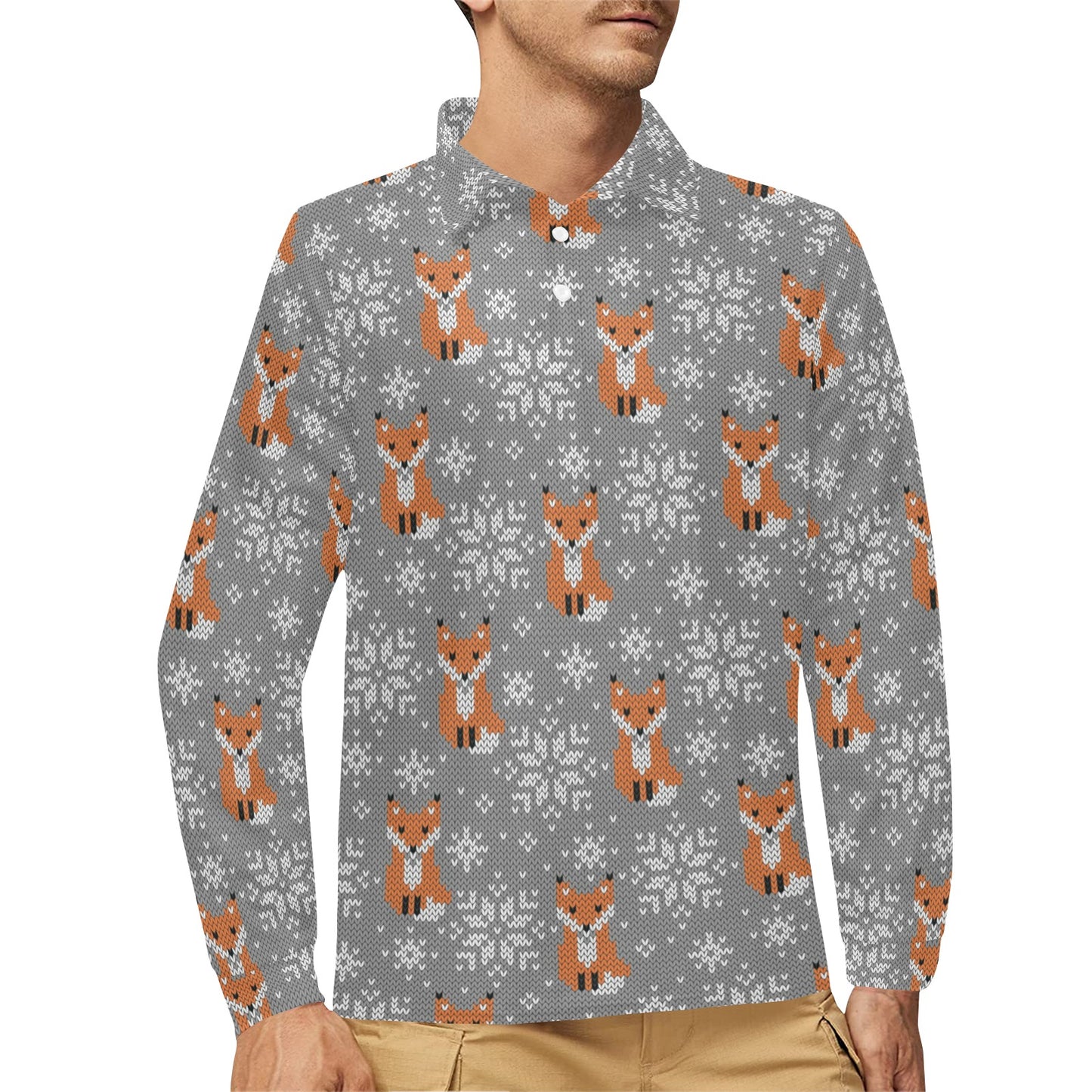 Knit Red Fox Pattern Print Design 02 Long Sleeve Polo Shirt For Men's