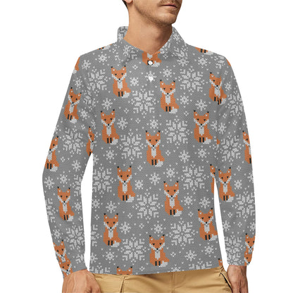 Knit Red Fox Pattern Print Design 02 Long Sleeve Polo Shirt For Men's