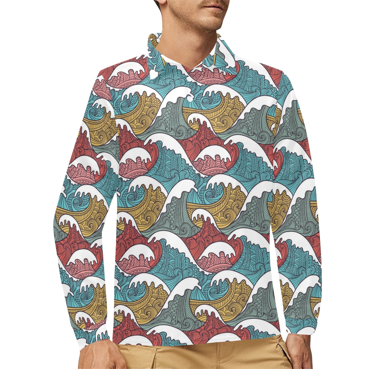 Tribal Wave Pattern Print Long Sleeve Polo Shirt For Men's