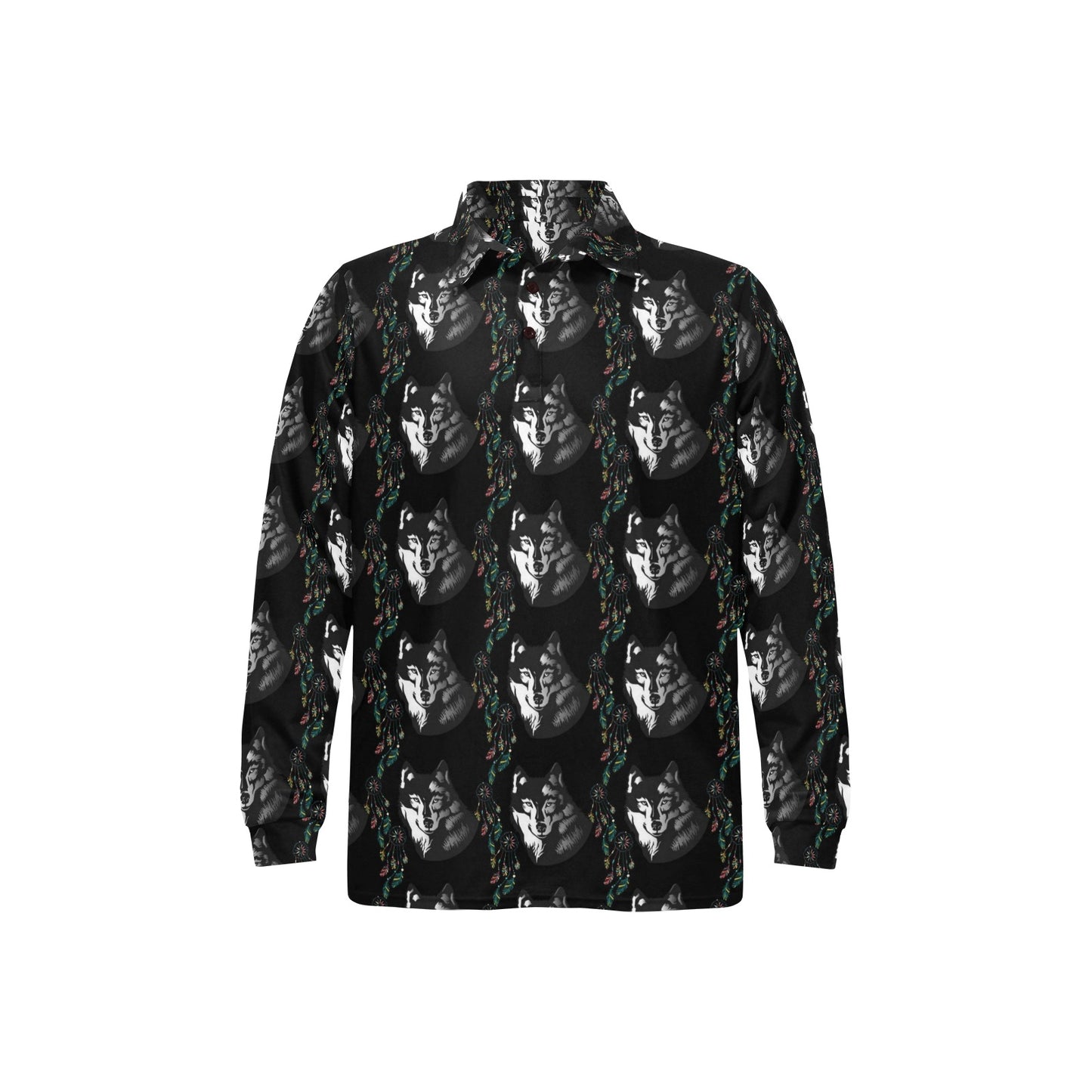 Wolf Black Dream Catcher Design Print Long Sleeve Polo Shirt For Men's