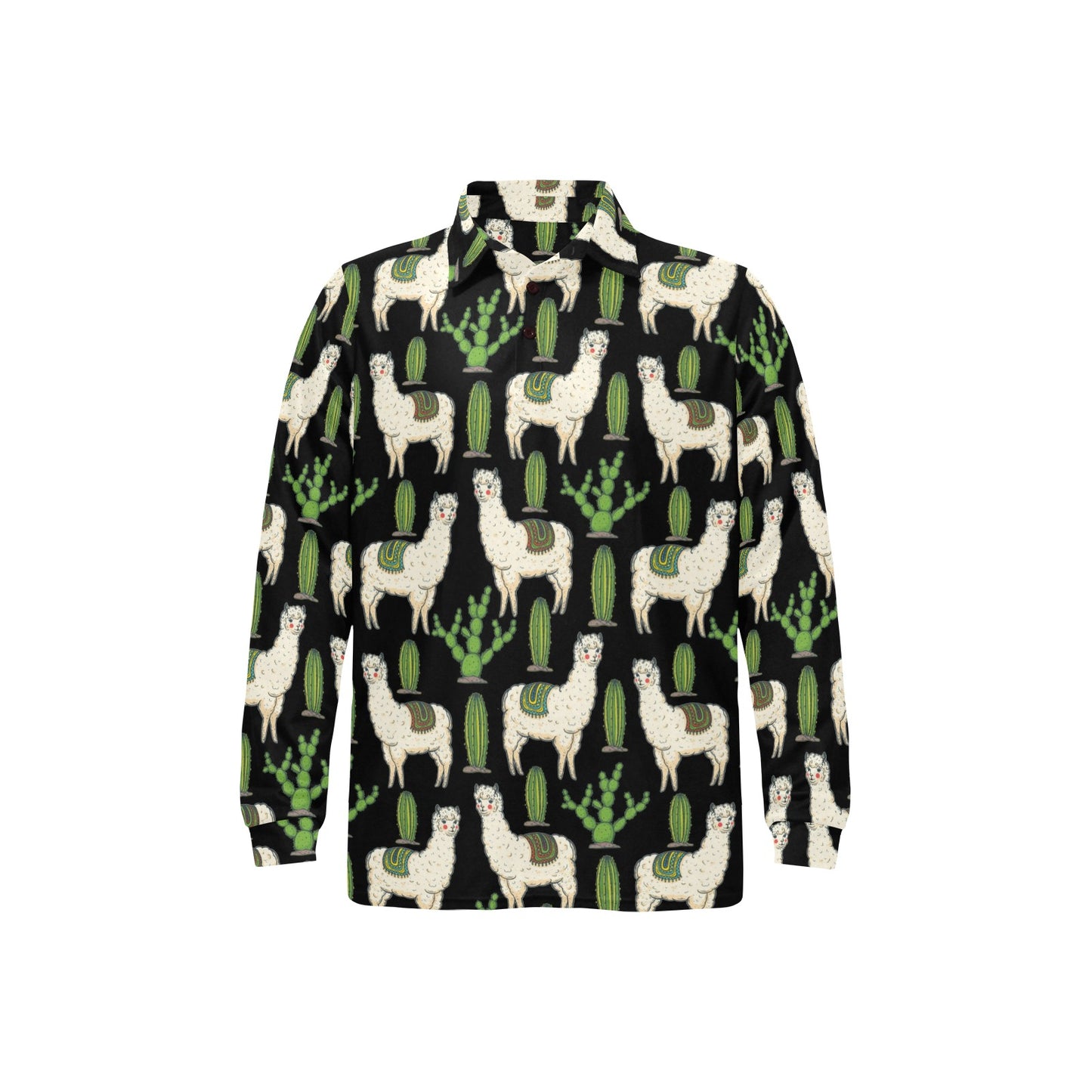 Llama Cactus Pattern Print Design 011 Long Sleeve Polo Shirt For Men's