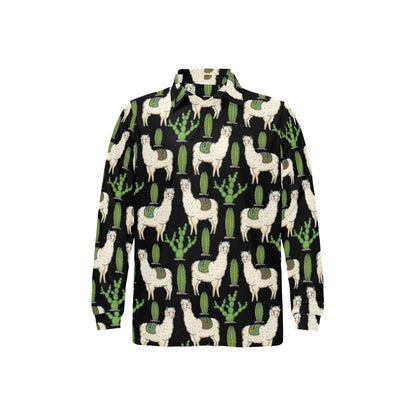Llama Cactus Pattern Print Design 011 Long Sleeve Polo Shirt For Men's