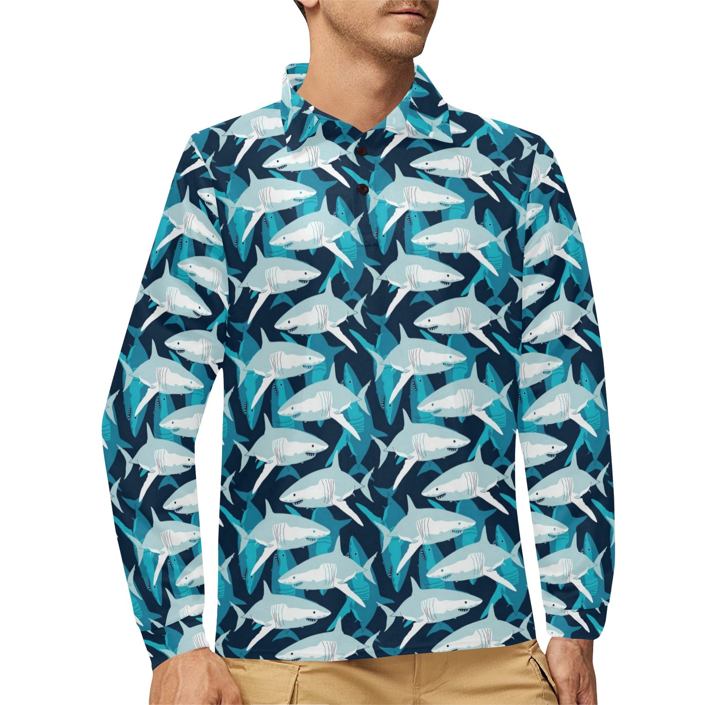 Shark Design Print Long Sleeve Polo Shirt For Men's