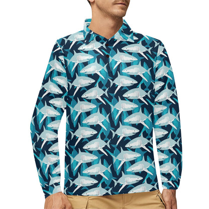Shark Design Print Long Sleeve Polo Shirt For Men's