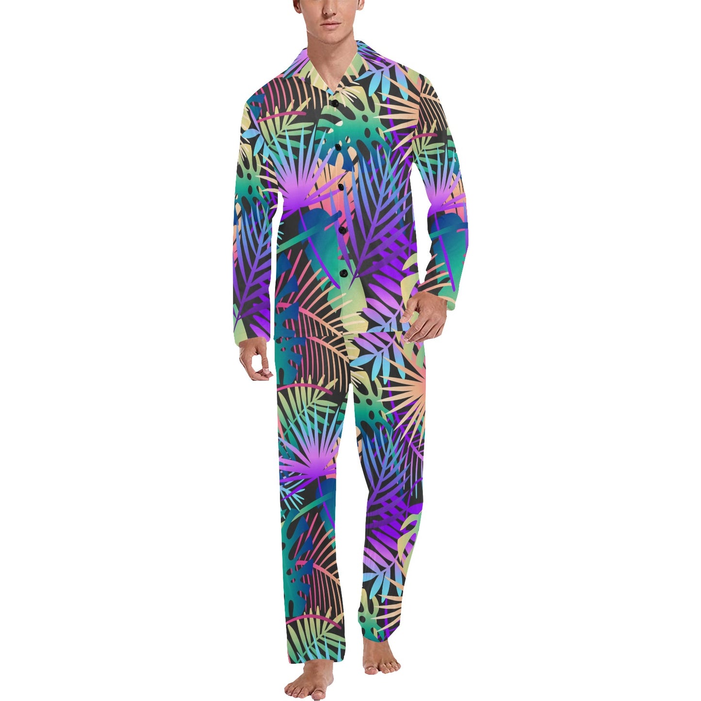 Neon Flower Tropical Palm Leaves Men's Long Pajama Set