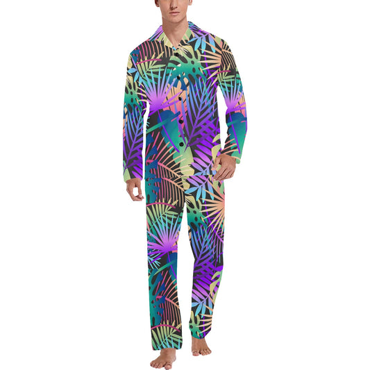Neon Flower Tropical Palm Leaves Men's Long Pajama Set