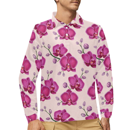 Orchid Pattern Print Design A02 Long Sleeve Polo Shirt For Men's