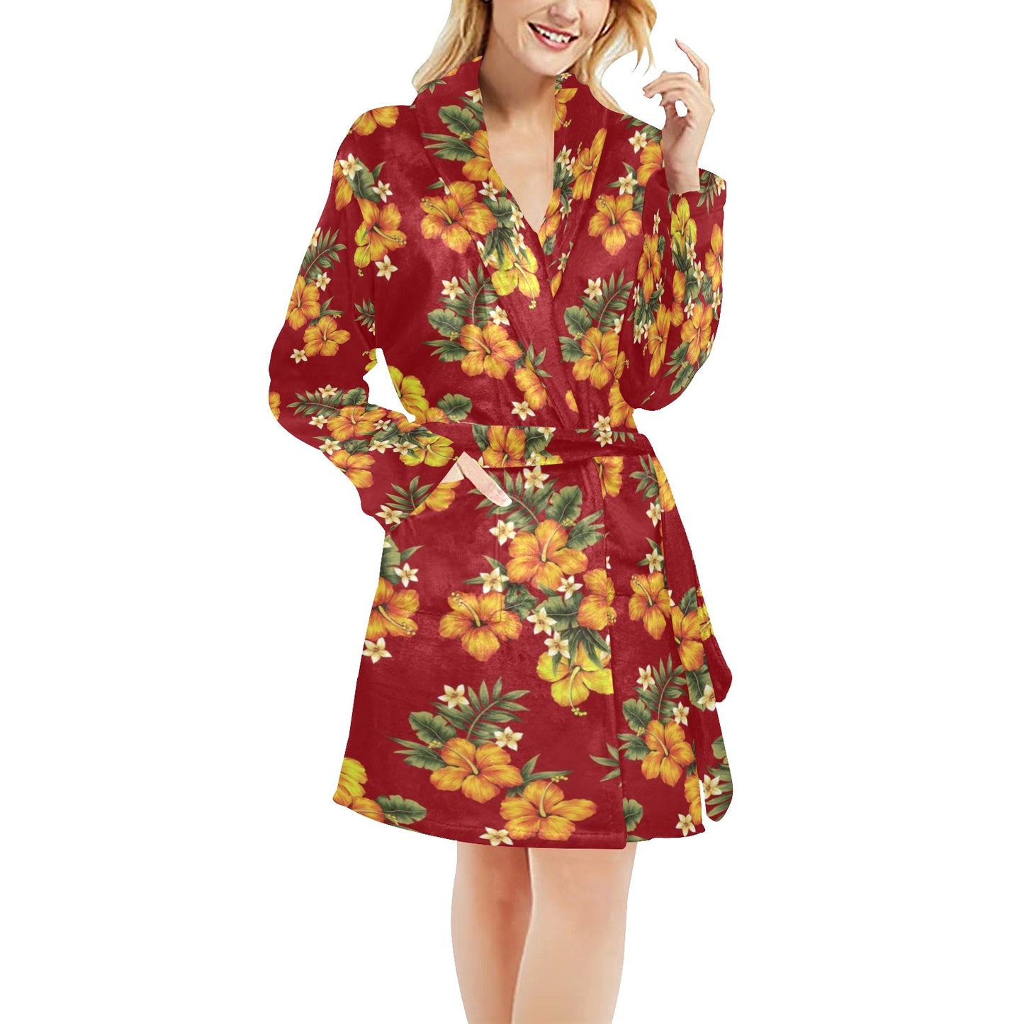 Orange Hibiscus Pattern Print Design HB026 Women's Fleece Robe