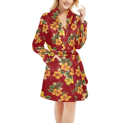 Orange Hibiscus Pattern Print Design HB026 Women's Fleece Robe
