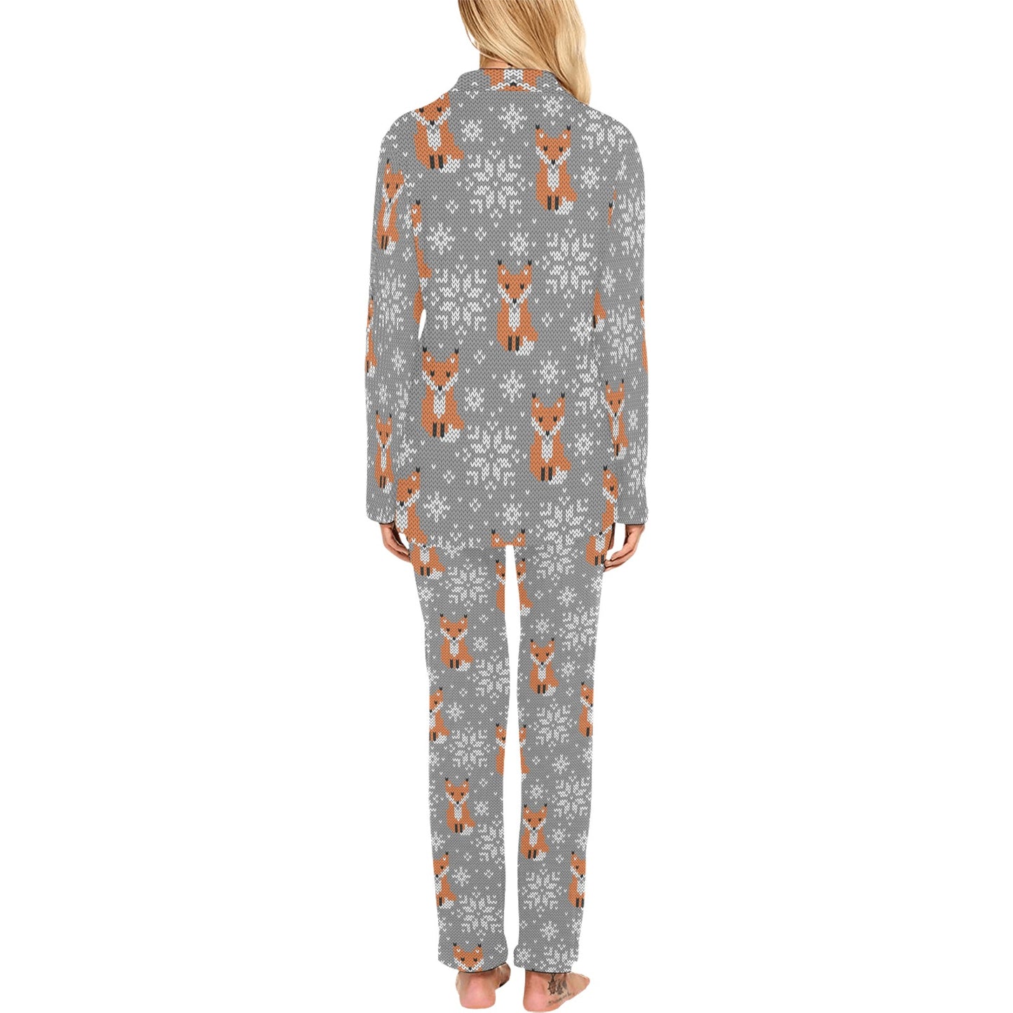 Knit Red Fox Pattern Print Design 02 Women's Long Pajama Set