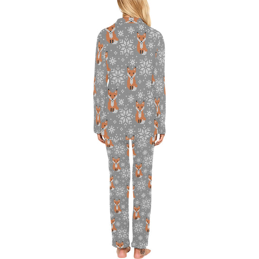 Knit Red Fox Pattern Print Design 02 Women's Long Pajama Set