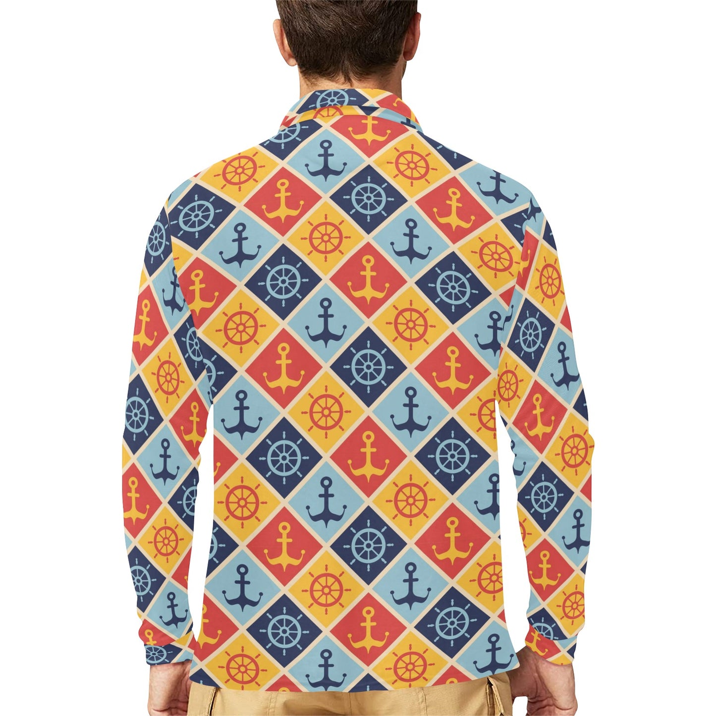 Nautical Pattern Design Themed Print Long Sleeve Polo Shirt For Men's