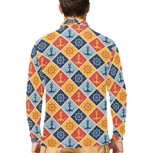 Nautical Pattern Design Themed Print Long Sleeve Polo Shirt For Men's