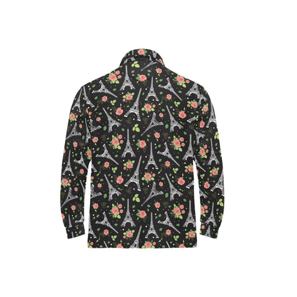 Eiffel Tower Rose Print Long Sleeve Polo Shirt For Men's