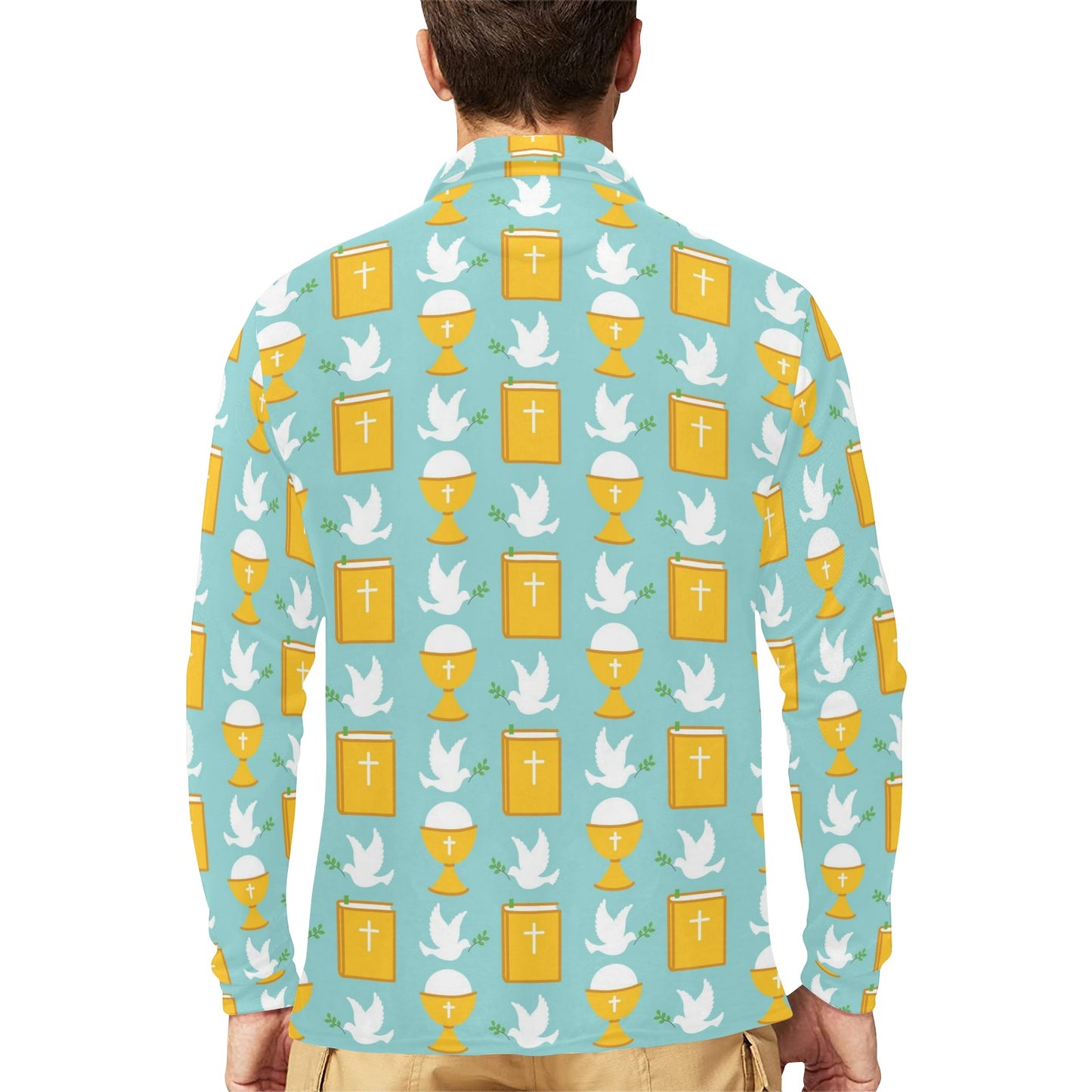 Christian Pattern Print Design 02 Long Sleeve Polo Shirt For Men's