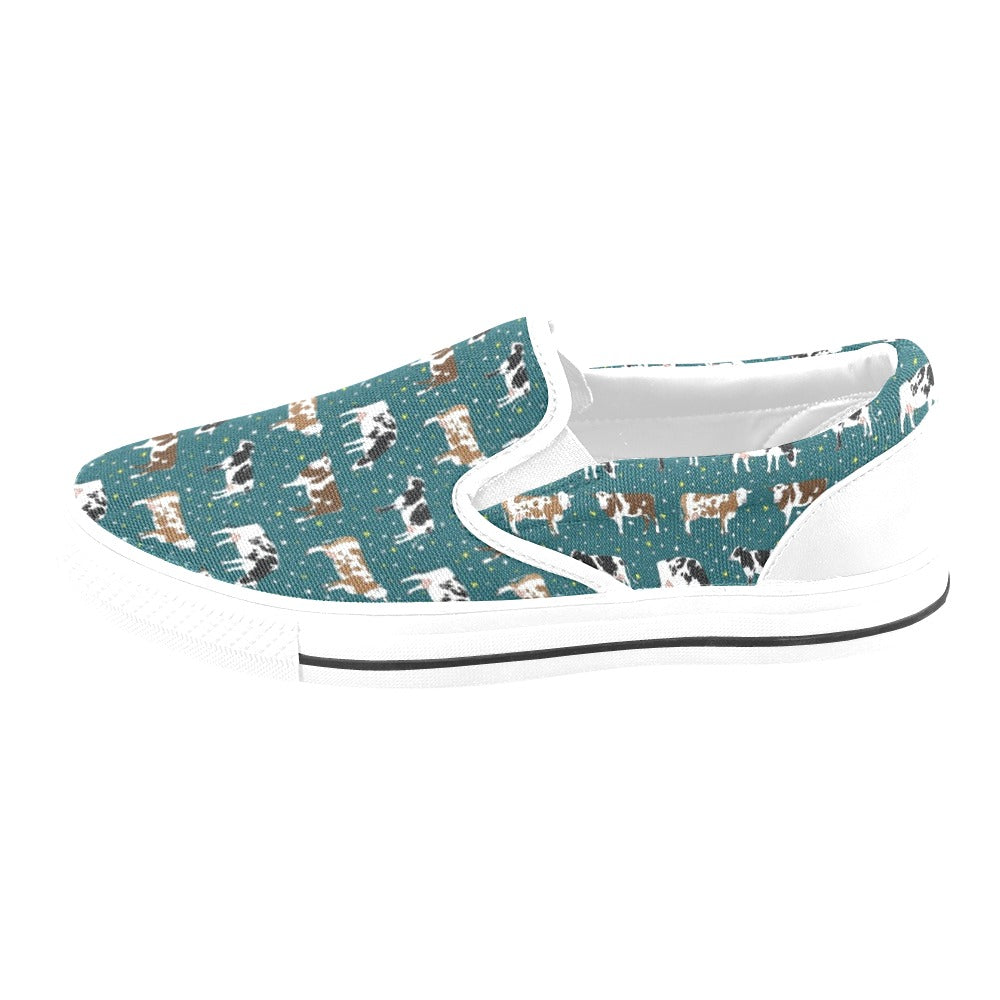 Cattle Print Design LKS404 White Slip Ons Canvas Women's Shoes